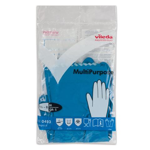 Перчатки VILEDA PROFESSIONAL многоцелевые латексные МНОГОРАЗОВЫЕ х/б напыление, ПРОЧНЫЕ, M (средний), синие, 174353